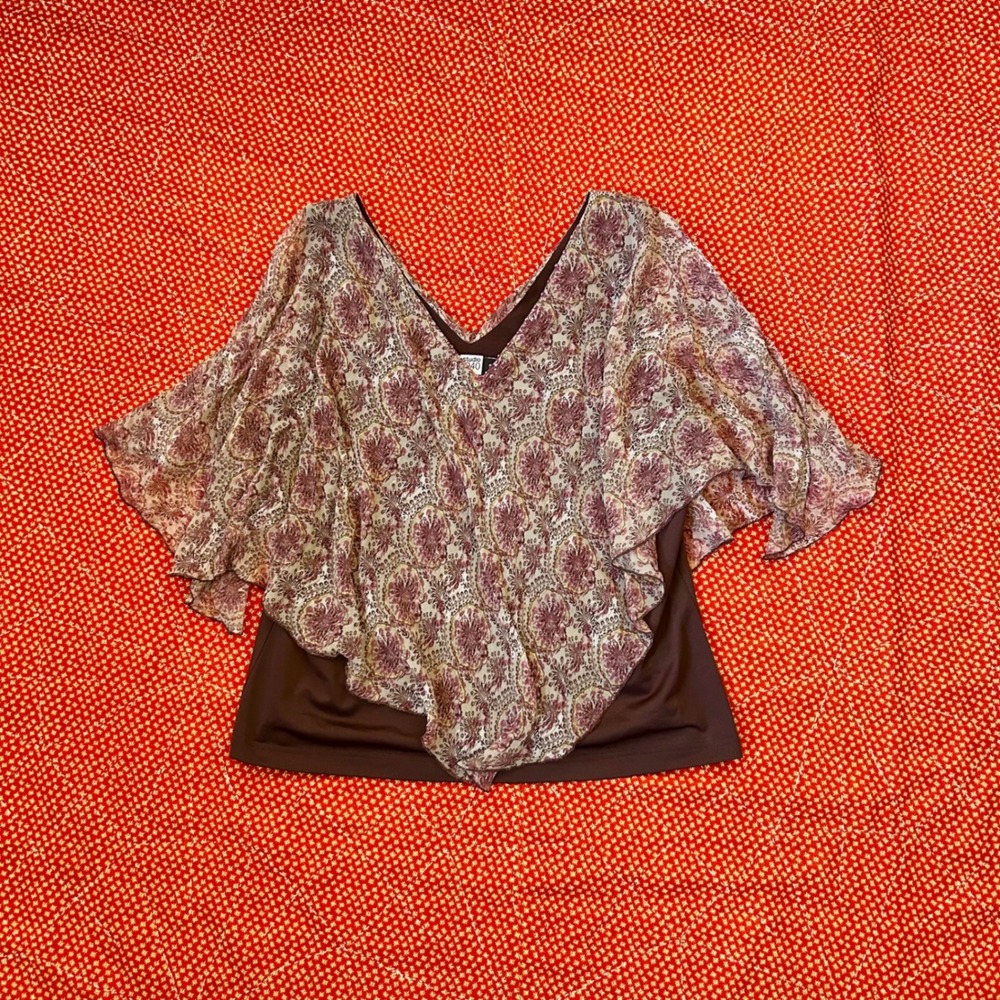 Studio 1940 Silk Overlay Flutter Sleeve Top XL Brown Floral Sequin V-Neck Blouse